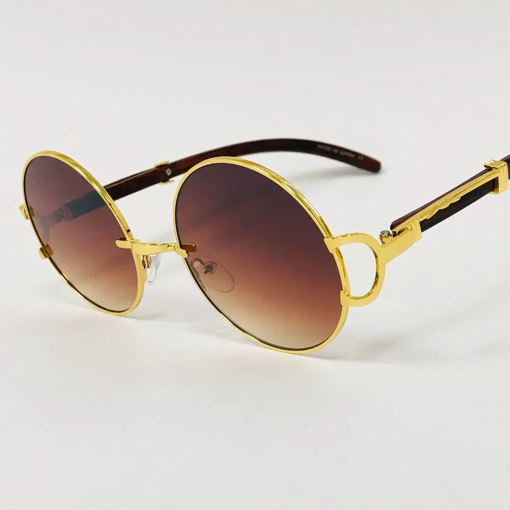 Round Brown Lens Men Sunglasses Gold Frame Street Wear Party Shades Gafas‎